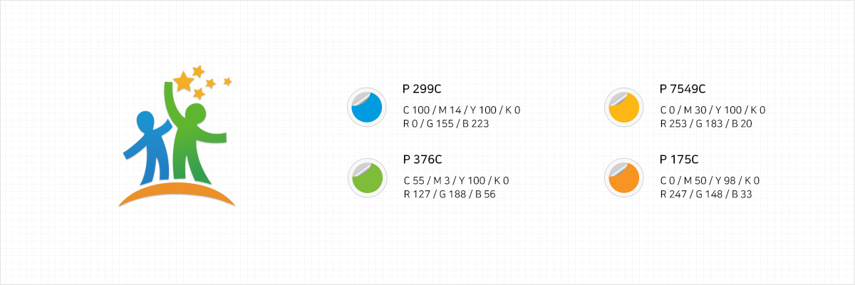 P 299C(파란색)
C100 / M14 / Y100 / K0
R0 / G155 / B223

P 376C(연두색)
C55 / M3 / Y100 / K0
R127 / G188 / B56

P 7549C(노란색)
C0 / M30 / Y100 / K0
R253 / G183 / B20

P 715C(주황색)
C0 / M50 / Y98 / K0
R247 / G148 / B33