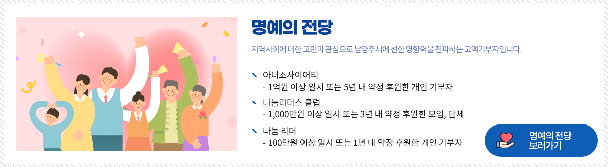 명예의 전당
 지역사회에 대한 고민과 관심으로 남양주시에 선한 영향력을 전파하는 고액기부자입니다.

아너소사이어티
1억원 이상 일시 또는 5년 내 약정 후원한 개인 기부자
나눔리더스 클럽
1,000만원 이상 일시 또는 3년 내 약정 후원한 모임, 단체
나눔 리더
100만원 이상 일시 또는 1년 내 약정 후원한 개인 기부자
  명예의 전당
보러가기 